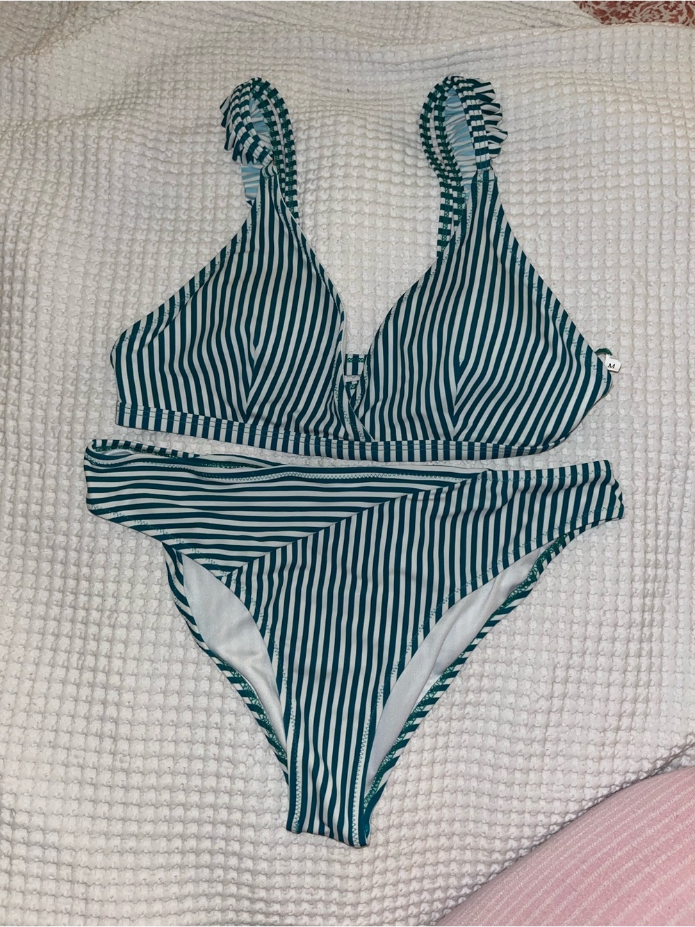 Cupshe Teal & White Striped Women's Bikini Set